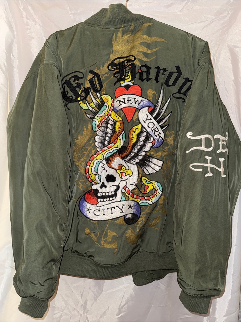 Ed Hardy Olive Green Bomber Jacket with Multicolor Embroidered Back